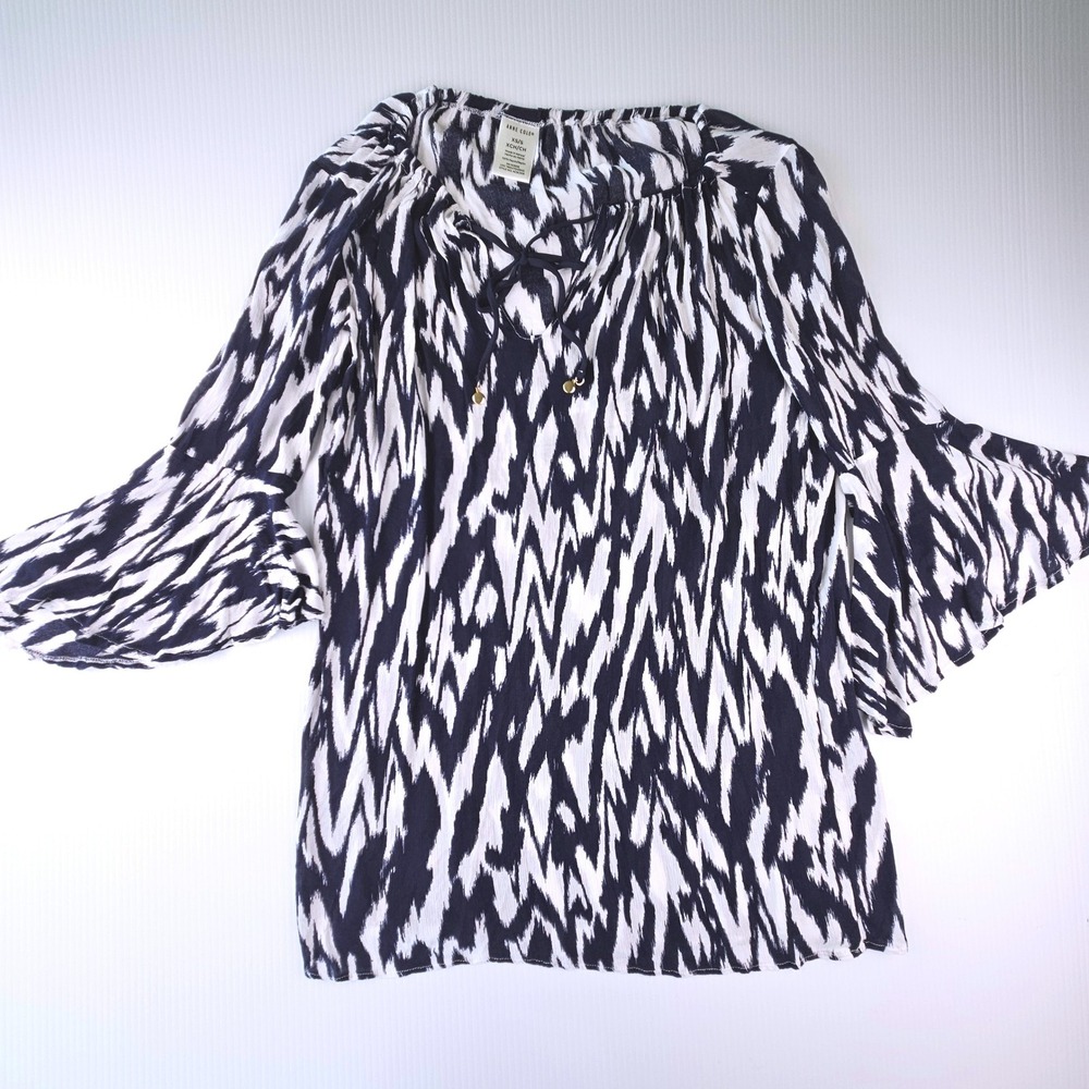 Anne Cole Navy Blue White Ikat Tunic Swim Coverup Bell Sleeve XS/S ACSC509